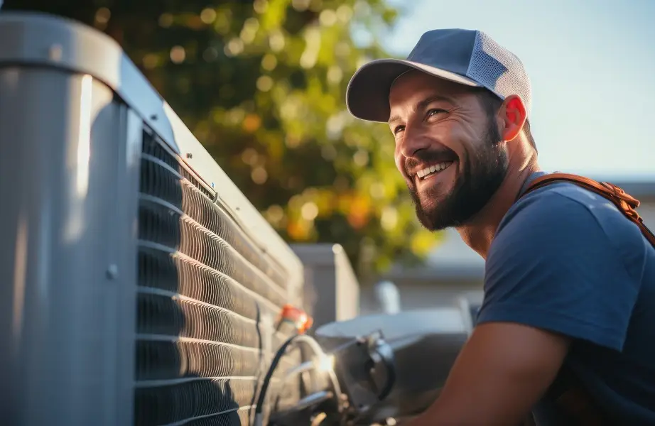 hvac technician smiling in front of an hvac unit